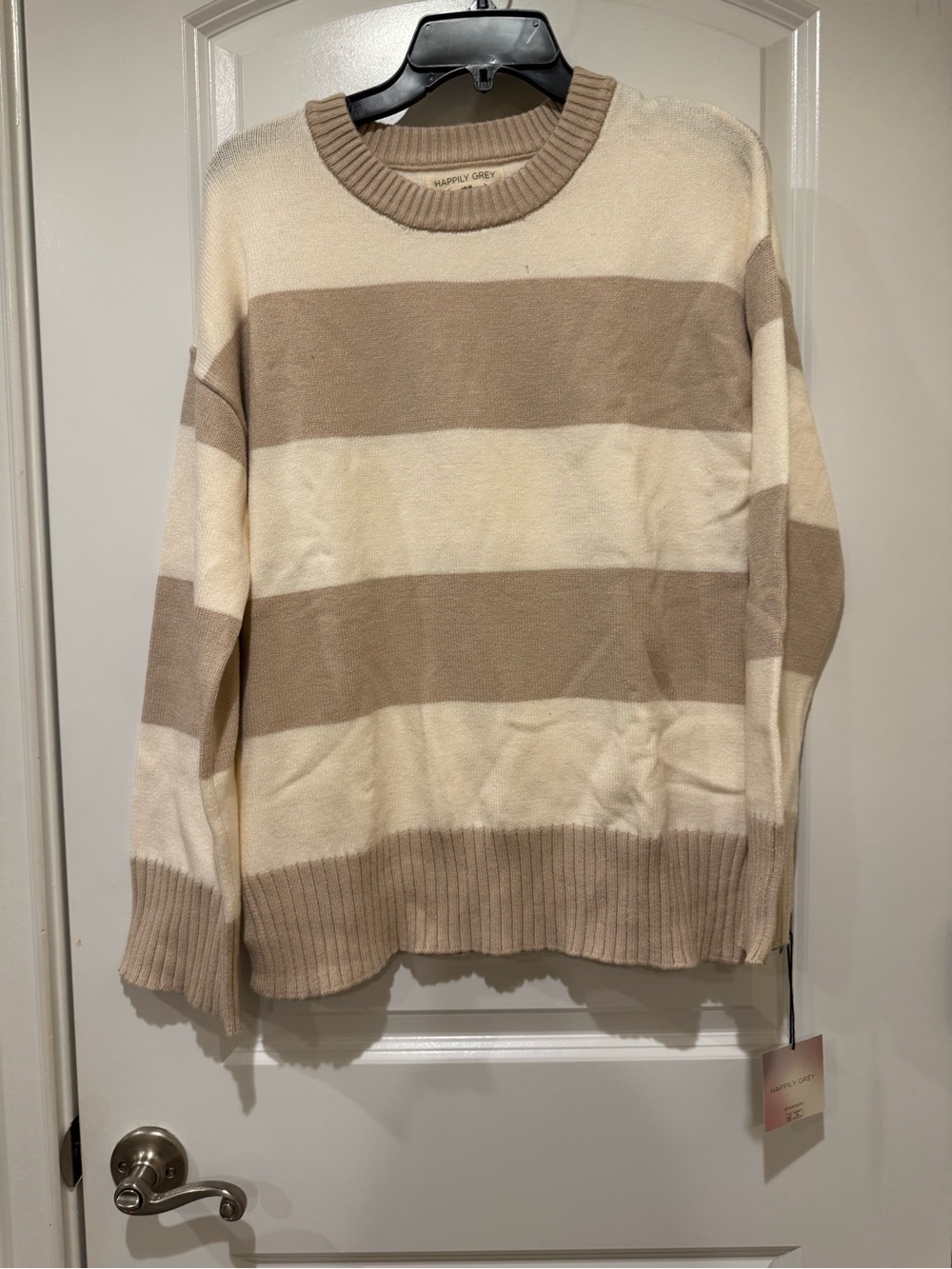 Happily Grey Women's Cream & Tan Stripe Crewneck Sweater